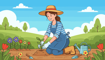 Charming cartoon illustration of a woman wearing a straw hat and apron, kneeling and planting a small seedling in a vibrant garden bed, surrounded by colorful flowers, a watering can, and gardening