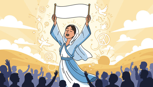 A woman in a flowing blue and white robe holds a blank banner aloft, her eyes closed in a powerful chant, surrounded by symbols of peace, doves, and a cheering crowd, symbolizing hope, unity, and a