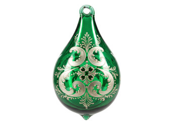 Isolated green glass ornament with silver floral patterns, ornate design, traditional art