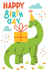 Birthday card with dinosaurs in flat vector style. Playful prehistoric scene with party elements for kids' celebrations. Perfect for invitations and greeting designs.Vector colorful illustration