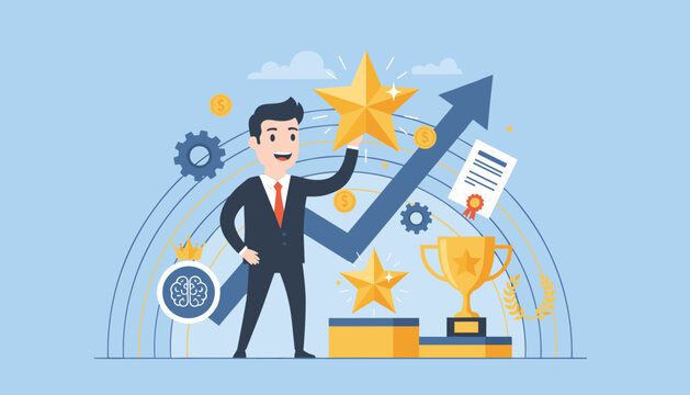 Successful businessman holding a golden star, symbolizing achievement and self-confidence, with a rising graph, trophy, certificate, and gears in the background, representing business growth and