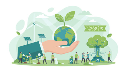 Vivid flat illustration depicting small people preparing for a sustainable future, with a hand holding the Earth sprouting a plant, solar panels, a wind turbine, and a technologically advanced tree