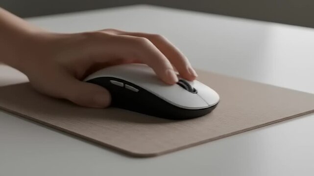 Close-up of a hand using a computer mouse on a minimalist desk with soft lighting in the background