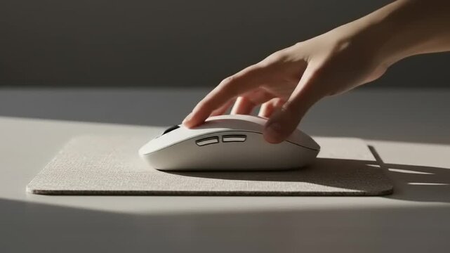 Close-up of a hand using a sleek white computer mouse on a textured mouse pad in soft sunlight