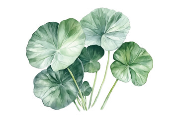 Watercolor illustration of lush green round leaves on white watercolor illutrastion transparent background