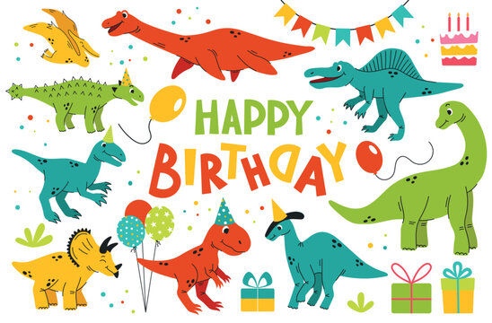 Birthday collection with dinosaurs and party elements. Colorful vector illustrations for kids' celebrations, invitations and festive decor.