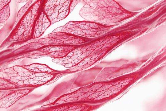 Close-up of layered, translucent, red-veined organic forms against a bright white background - Powered by Adobe