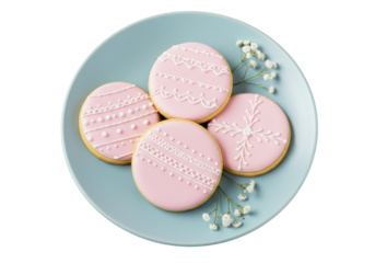 Isolated cookies iced with pastel pink icing on a light blue plate ready for a dessert table