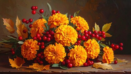 Vibrant marigold bouquet with cranberry branches, red and yellow color contrast, autumn leaves, and decorative seeds