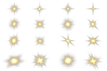 A set of glowing starburst effects with radiant sparkles and light rays. Perfect for digital designs and overlays. Transparent background included. PNG