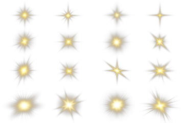 A set of glowing starburst effects with radiant sparkles and light rays. Perfect for digital designs and overlays. Transparent background included. PNG