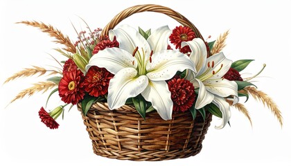 Obraz premium Flower basket with large white lilies and small red flowers like carnations or asters, dried grasses for extra texture