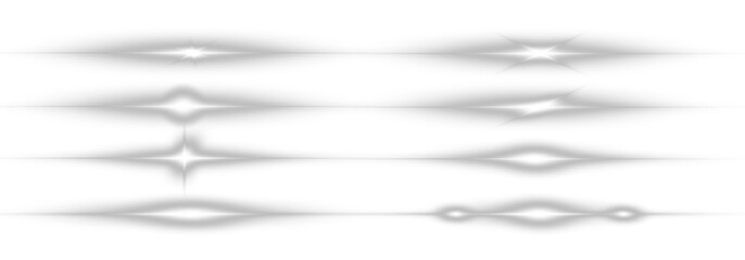 White horizontal light lines create a glowing effect with subtle sparkles. Suitable for overlay designs and digital lighting compositions. Transparent background included. PNG