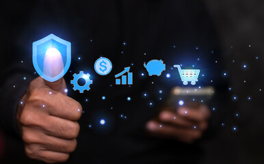 Technology online shopping business concept. man's hand touching to virtual info graphics with trolley cart icons.