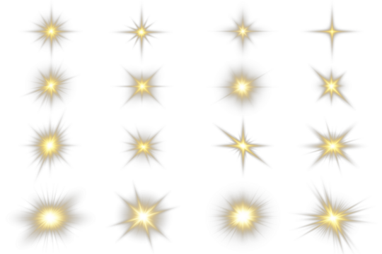 A set of glowing starburst effects with radiant sparkles and light rays. Perfect for digital designs and overlays. Transparent background included. PNG