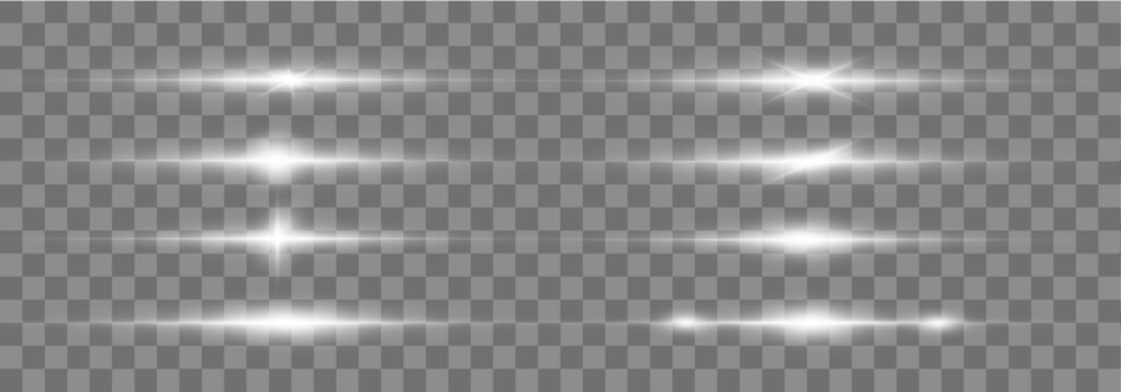 White glowing horizontal lines with soft sparkles and lens flare effects. Ideal for UI overlays and digital lighting designs. Transparent background included.