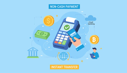 Vivid vector illustration depicting the concept of non-cash payment and instant transfer, showcasing a credit card terminal, smartphone with digital payment, banknotes, coins, a bank building, cloud