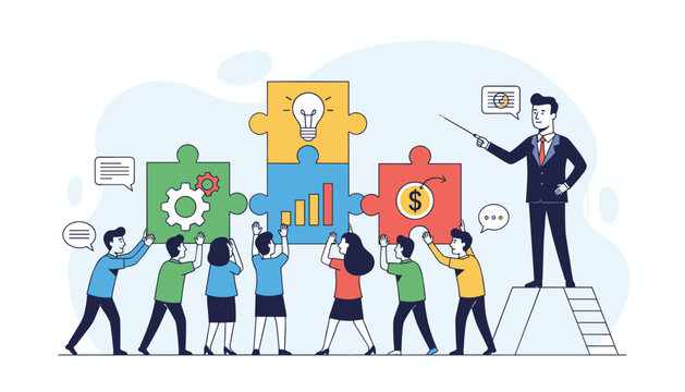Vibrant vector illustration depicting a diverse team collaborating to assemble a large, multi-colored puzzle representing business growth, innovation, and financial success, guided by a leader.