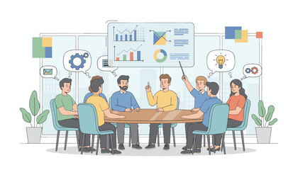 Diverse group of professionals engaged in a dynamic business meeting, discussing charts and graphs on a presentation screen, brainstorming ideas with lightbulbs and gears, symbolizing collaboration