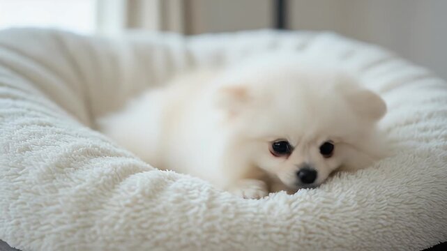 Realistic fluffy white Pomeranian dog resting comfortably in plush bed
