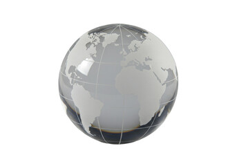 Isolated shiny globe showing world continents, countries, and grid lines in monotone