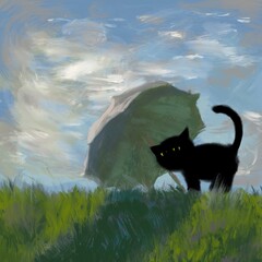 Black cat with umbrella on a sunny day with a beautiful sky