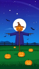 Animated illustration of a smiling jack-o'-lantern scarecrow in a field with glowing pumpkins