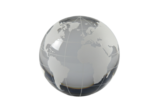 Isolated shiny globe showing world continents, countries, and grid lines in monotone