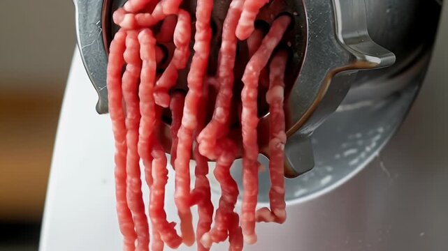 Realistic food preparation processing raw red meat through grinder close up