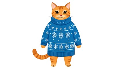 Animated image of a ginger tabby cat wearing a blue knitted sweater with white snowflakes