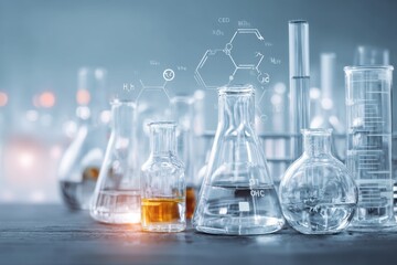 Chemistry. Laboratory flasks and glass beakers filled various colored liquids, transparent blue gray solutions. Molecular structure model background double exposition. Scientific research. Lab scene.