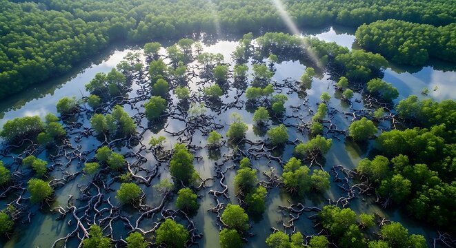 Aerial view of lush green mangrove forest with intricate root systems and water channels