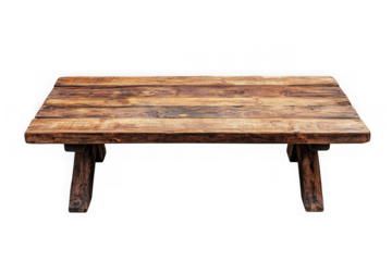 Rustic wooden table with weathered planks and dark legs isolated on black wood grain