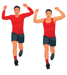 Figures of the jubilant Asian athlete who finished the race with his arms raised high in red seasonal sportswear