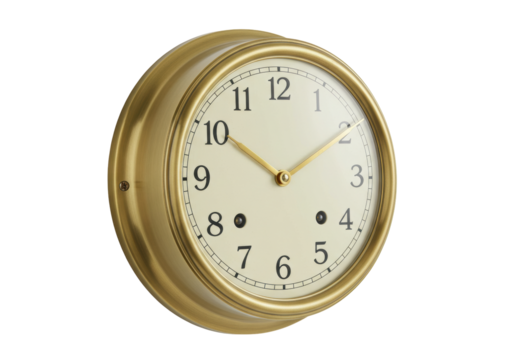 Isolated gold wall clock with numbers and hands showing the time on no background image