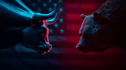 Bull and Bear Face Off on US Flag Financial Market Concept 2024