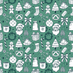 Seamless Christmas pattern with Santa, gifts, candy canes,, bows, bells, wreaths, and gingerbread cookies. Festive design perfect for wrapping paper, coloring pages, textiles, packaging, stationery.