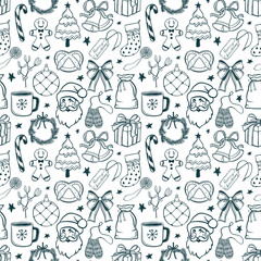 Seamless Christmas pattern with Santa, gifts, candy canes,, bows, bells, wreaths, and gingerbread cookies. Festive design perfect for wrapping paper, coloring pages, textiles, packaging, stationery.