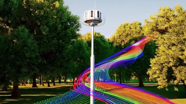 Communication tower in green park radiating colorful digital streams, concept of wireless technology. Cellular mast in forested area with rainbow light waves, futuristic of mobile connection.