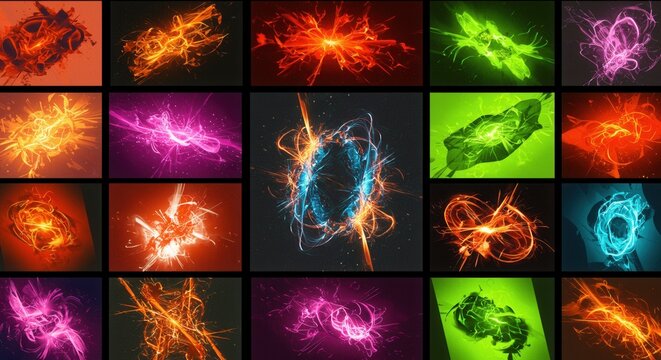 Vibrant energy bursts collection set against a dark backdrop, perfect for dynamic designs and powerful visual concepts that demand attention and draw the eye