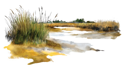 Watercolor painting of reeds and water in a marsh landscape watercolor illutrastion transparent background © SJB studio