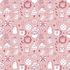 Seamless Christmas pattern with Santa, gifts, candy canes,, bows, bells, wreaths, and gingerbread cookies. Festive design perfect for wrapping paper, coloring pages, textiles, packaging, stationery.
