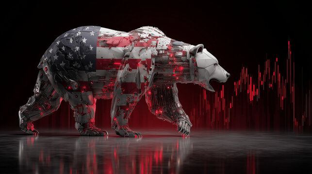 American flag financial bear market background with stock market downtrend chart