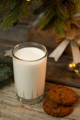 Christmas glass of milk and cookies for Santa Claus. 