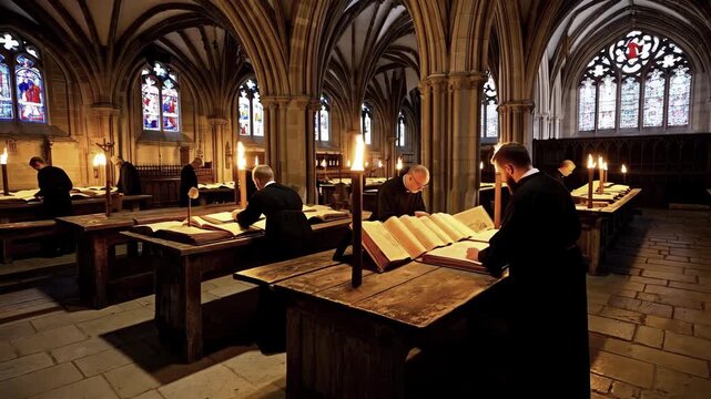 priests working in the church library, by the light of torches. old large religious books.