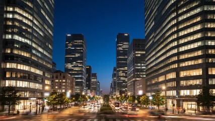 A captivating night view of a modern urban canyon, with glowing skyscrapers and blurred traffic light trails on a bustling city avenue - Powered by Adobe