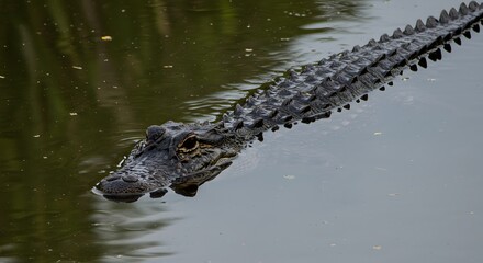 Obraz premium Alligator swims serenely in murky water, dorsal scales visible. Focused eye peers ahead