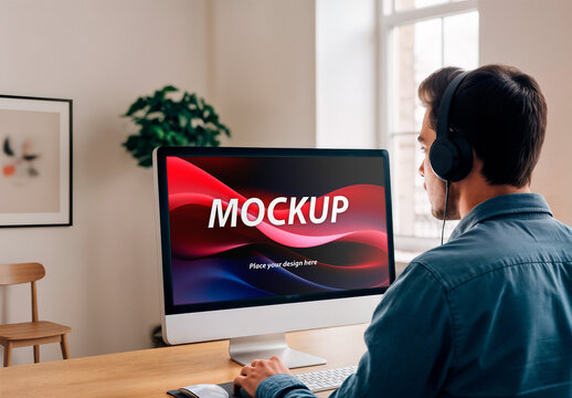 Computer Screen Mockup Young Man with Headphones