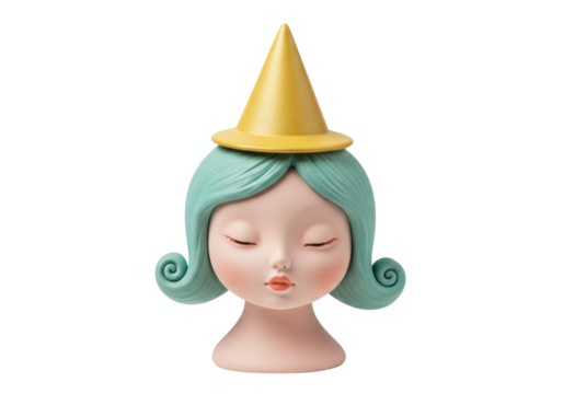 Isolated whimsical girl statue with a yellow hat looking like a wizard or mage, on display
