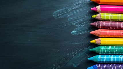 Back to school banner. Colorful pencils placed on a dark chalkboard surface with copy space for creative or educational themes.